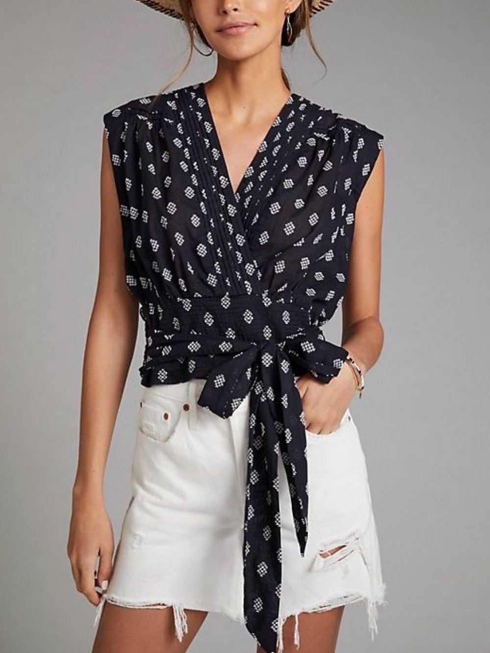 Anthropologie Black and White Tie-waist V-Neck Wrap Blouse. M Smocked Waist